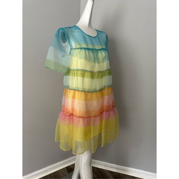 NWT Staud Sheer Organza Hyacinth Short Sleeve Tiered Mini Dress Multicolor Small - Picture 10 of 12